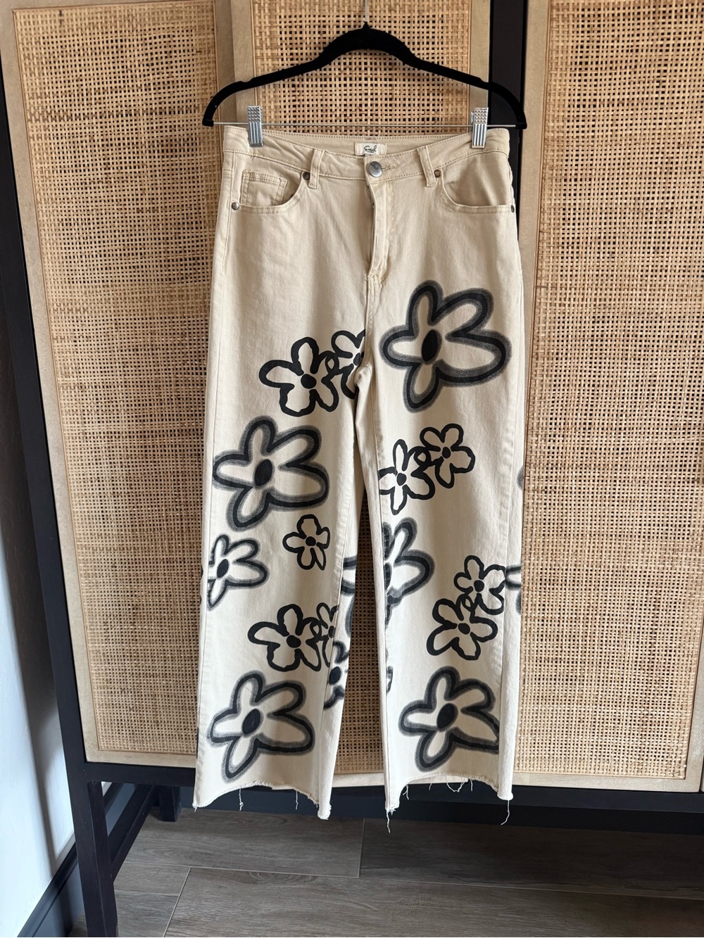 easel Cream Wide-Leg Jeans with Black Floral Graffiti
